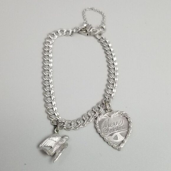 Vintage Elco Sterling Silver Merry Christmas Dove Charm Bracelet, Double Link - Picture 10 of 10